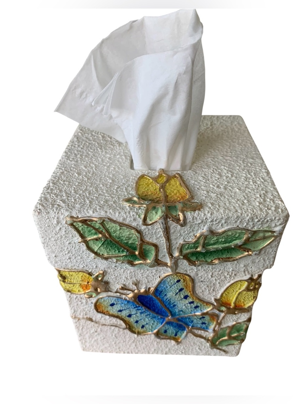 Decorative White Tissue Box Cover with stained-glass style Butterfly and flowers